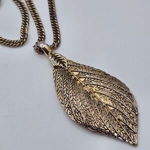 Leaf Pendant Necklace Women Gold Tone Long Curb Chain Boho
